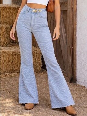 Wrangler Light Blue Zebra-Print High-Rise Flare Jeans